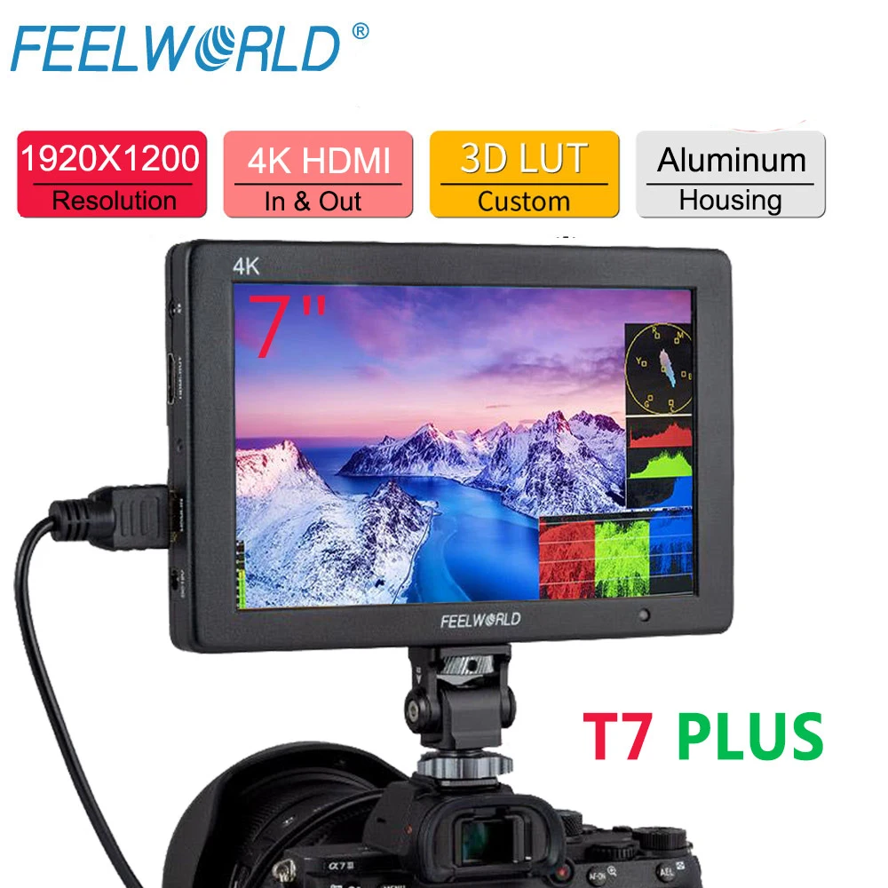 Feelworld T7 PLUS 7 Inch 3D LUT On Camera Field DSLR Monitor 4K HDMI Full HD 1920x1200 IPS Waveform Vector Aluminum Housing
Feelworld T7 PLUS 7 Inch 3D LUT On Camera Field DSLR Monitor 4K HDMI Full HD 1920x1200 IPS Waveform Vector Aluminum Housing