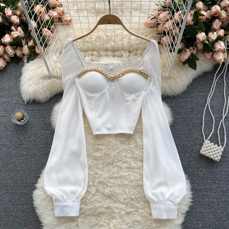 Women Black/White Sexy Blouse Female Elegant Square Collar Chain Decord Puff Long Sleeve Shirt Club Party Blusas 2022 New
Women Black/White Sexy Blouse Female Elegant Square Collar Chain Decord Puff Long Sleeve Shirt Club Party Blusas 2022 New