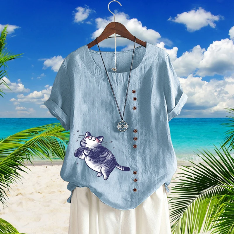 2022 New Summer Women Leisure Cartoon Cat Printing Loose T-Shirt Breathable Linen Round Neck Solid Color Short Sleeve Top XS-5XL
2022 New Summer Women Leisure Cartoon Cat Printing Loose T-Shirt Breathable Linen Round Neck Solid Color Short Sleeve Top XS-5XL