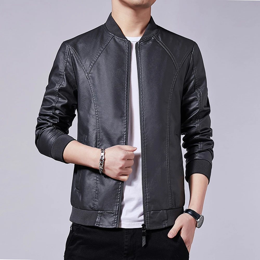

KOODAO Leather Jackets for Men Casuals Coat Thin Lightweight Fashion Clothing Polyester for Spring and Autumn,Grey/Black