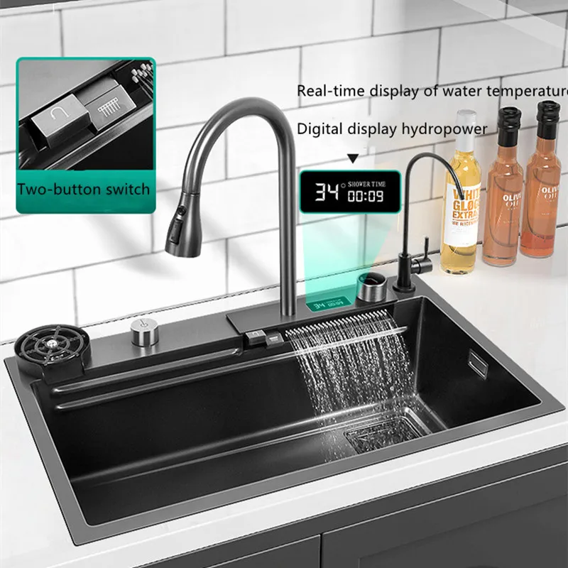 Nano Kitchen Sink Stainless Steel Countertop Sink Multifunctional Digital Display Waterfall Sink Faucet With drainage system
Nano Kitchen Sink Stainless Steel Countertop Sink Multifunctional Digital Display Waterfall Sink Faucet With drainage system