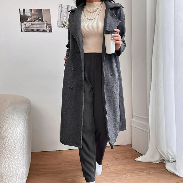 

2022 Winter Fall Collection Women Clothing Outwear Grey Lapel Collar Double Breasted Slant Pocket Pea Coat