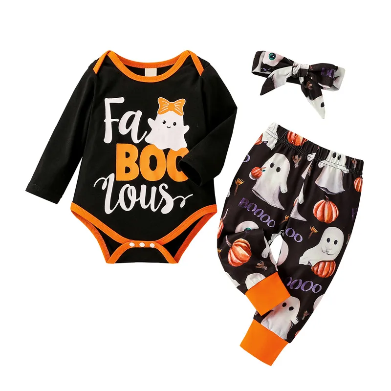 Baby Tops and Trousers Suit Fashion Letter Romper and Halloween Print Long Pants with Headband
Baby Tops and Trousers Suit Fashion Letter Romper and Halloween Print Long Pants with Headband