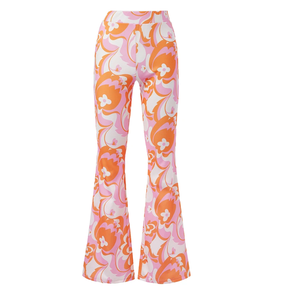 

Women's Multicolored Cyber Y2k Allover High Waist Tie-Dye Floral Print Flare Leg Pants 70s Aesthetic Full Length Trousers