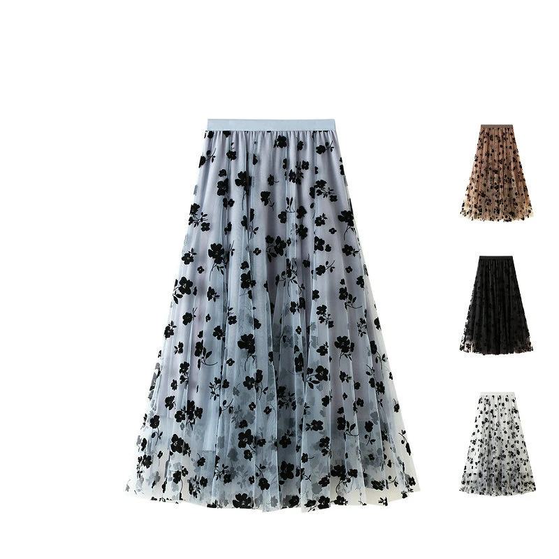 

Women Floral Tutu Tulle Mesh Long Skirts Spring Elastic High Waist Flower Print Overlay Layered A Line Midi Skirt Female Clothes