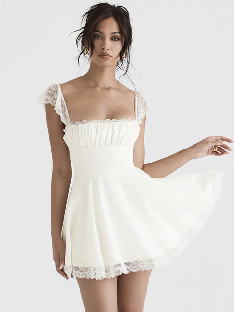 

2023 Элегантное Белое Кружевное мини-платье на бретельках для женщин, модное свободное пикантное короткое платье без рукавов с открытой спиной, платье, клубная одежда