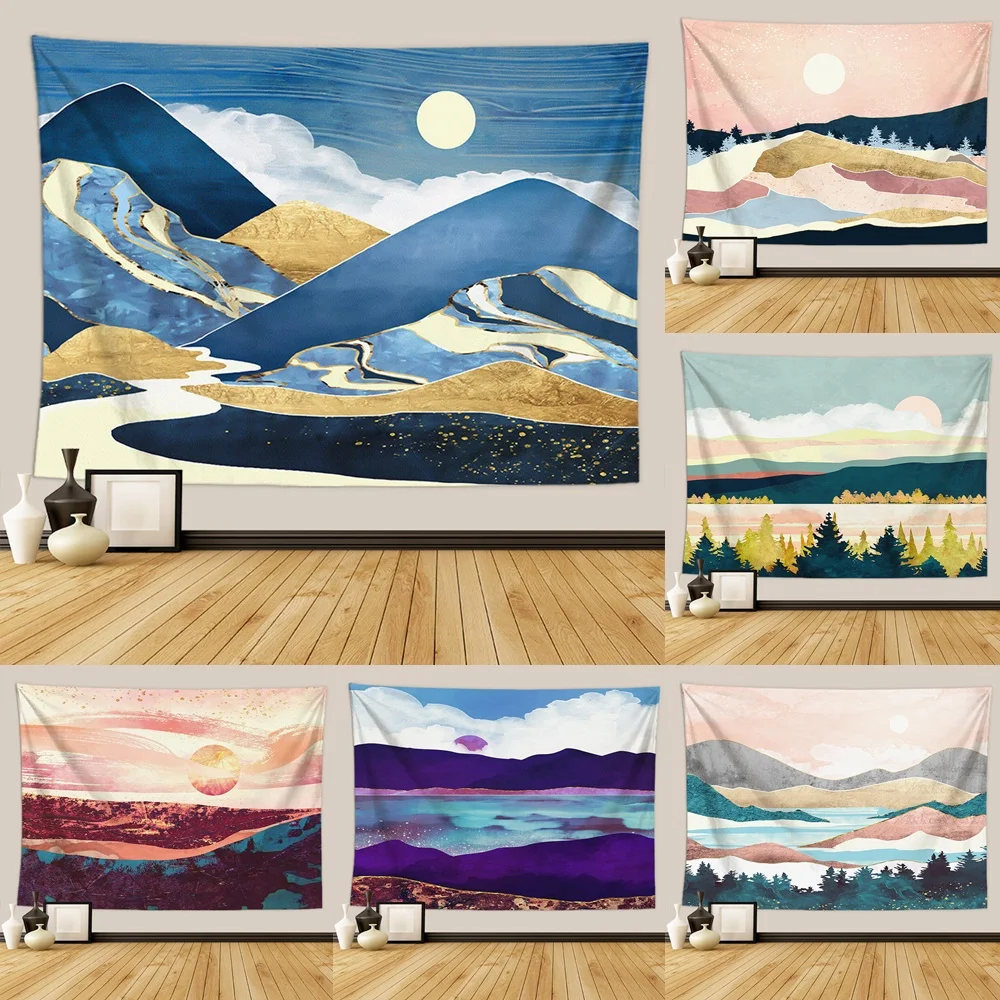 

Abstract Mountains Landscape Tapestry Wall Hanging Cloth Forest Trees Sunrise Art Tapestries Room Dorm Decor Picnic Beach Towel