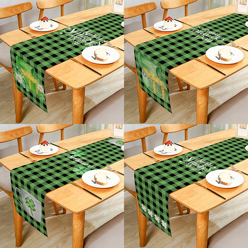 

Green Plaid Shamrocks Dwarfs St.Patrick’s Day Linen Table Runner Cloth Cover Anti-Slip Stain For Dinner Celebrate Party Decor