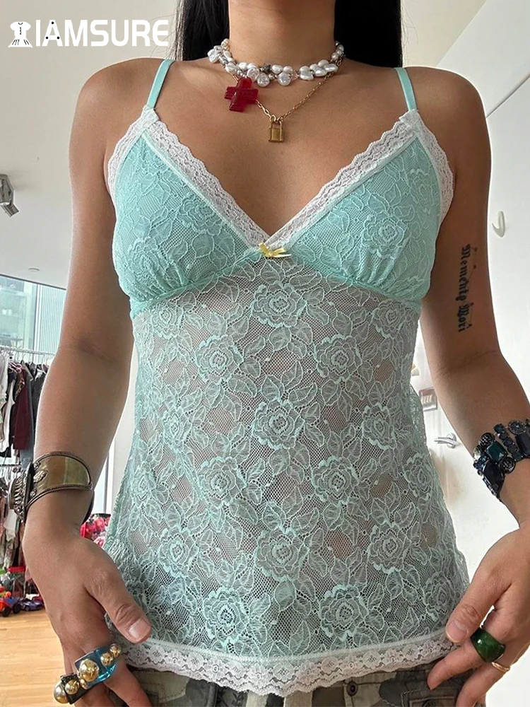 

IAMSURE Sweet Cute Patchwork Lace Camis Top See Through Slim Deep V-Neck Sleeveless Tank Tops Women 2023 Summer Fashion Ladies