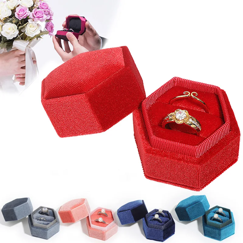 

Delicate Handmade Vintage Hexagon Velvet Ring Boxes Gift Box Pink Ribbon Storage Ring Boxes Jewelry Packaging High-quality