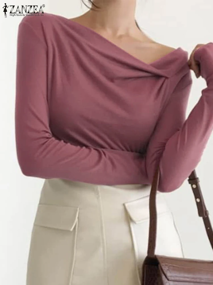 ZANZEA Women Casual Solid Tees Oversized Work Wears Long Sleeve T-Shirts Elegant Office Lady Skew Collar Tops Blusas Femininas
ZANZEA Women Casual Solid Tees Oversized Work Wears Long Sleeve T-Shirts Elegant Office Lady Skew Collar Tops Blusas Femininas