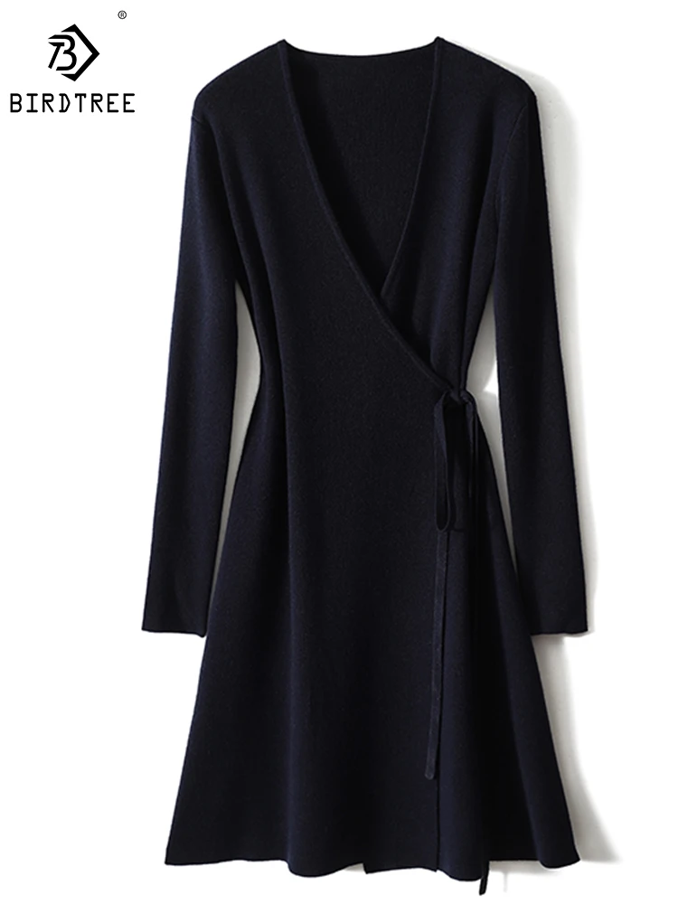 

Элегантное платье из 90% шерсти и кашемира с треугольным вырезом, однотонная Повседневная приталенная трикотажная юбка для причастия, Осень-зима, D3N741QD