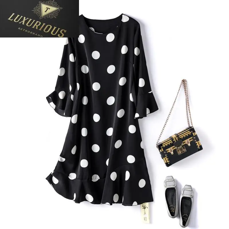 

Spring Dresses For Women 2024 New Fashion Patchwork Polka Dot O Neck Ruffled Korean Belted Slim Knee Length Woman Dress