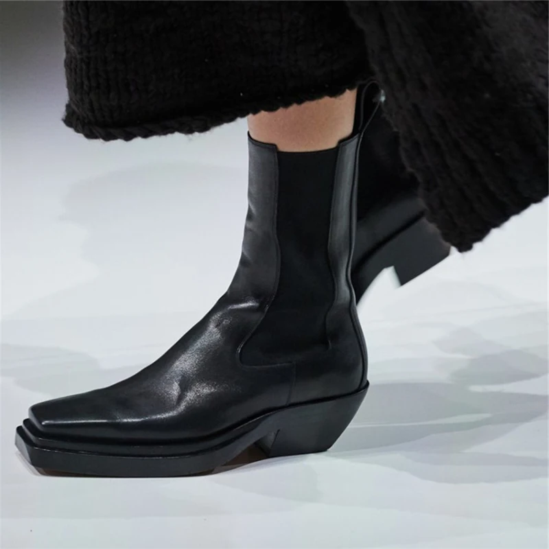 

Brand Walk Show Square Head Chelsea Cowhide Women's Boots 4.5cm Low Heel Elastic Short Boots 34-43 Fashionable Woman Shoes