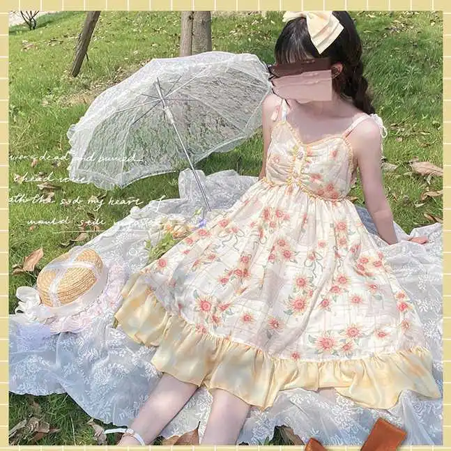 

Japanese Sweet And Fresh Lolita Dress Sunflower Story Lolita Dress JSK Suspender Dress Clip Vestidos Daily Op Princess Dress