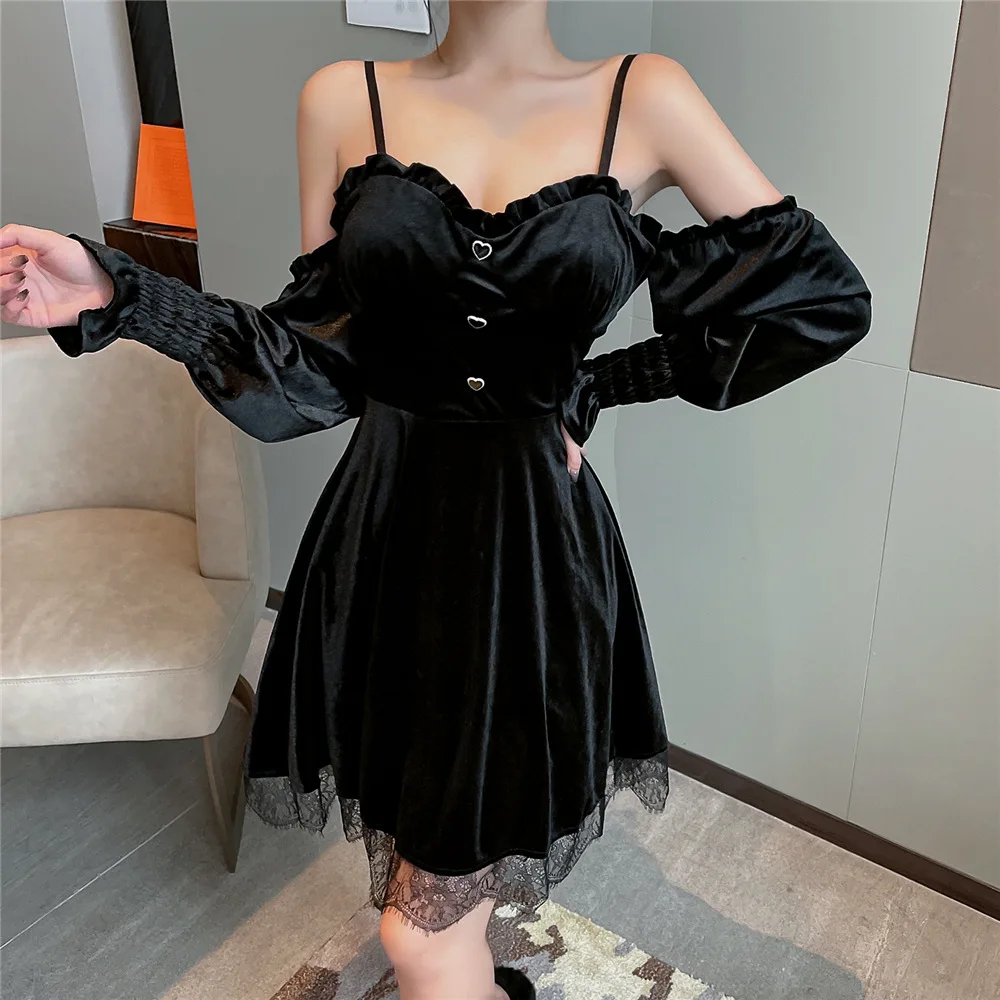 Gothic Black Velvet Dress Evening Party Long Sleeve Y2K Mini Dress Women Vintage Elegant One Piece Dress Korean Off Shoulder
Gothic Black Velvet Dress Evening Party Long Sleeve Y2K Mini Dress Women Vintage Elegant One Piece Dress Korean Off Shoulder
