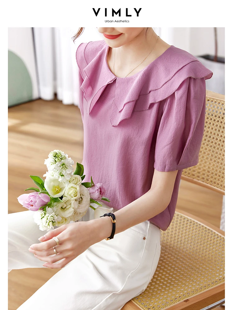 Vimly Loose Ruffles Petter Pan Collar Blouse for Women Summer 2023 Thin Acetate Blended Pullover Straight Short Sleeve Lady Tops
Vimly Loose Ruffles Petter Pan Collar Blouse for Women Summer 2023 Thin Acetate Blended Pullover Straight Short Sleeve Lady Tops