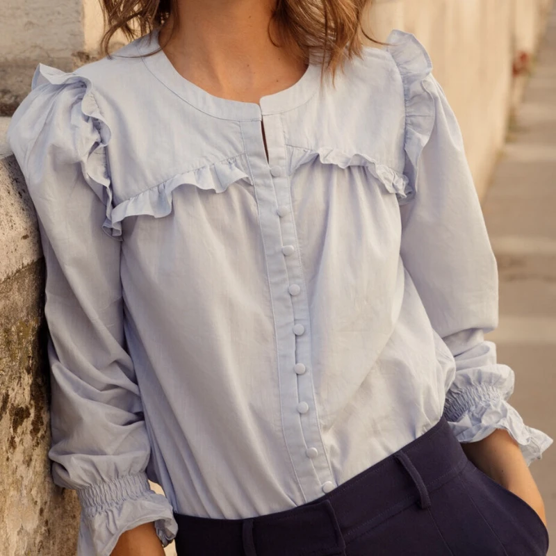 Women's O-Neck Single Breasted Long Sleeve Blouse 2022 Fall New Female Elegant Commuter Ruffle Shirt Top Casual Office Wear
Women's O-Neck Single Breasted Long Sleeve Blouse 2022 Fall New Female Elegant Commuter Ruffle Shirt Top Casual Office Wear