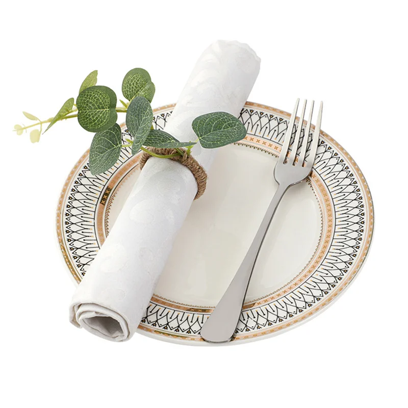 

Веревка для салфеток с зелеными листьями, кольца для салфеток ручной работы с искусственными листьями, держатель для салфеток из джутовой веревки, украшение для свадебной вечеринки