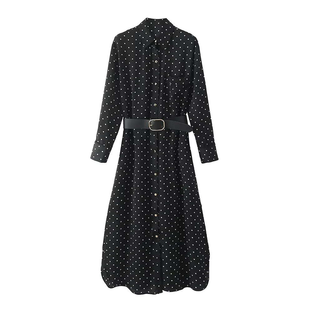 Fall new fashion women's casual temperament lapel long sleeves with belt polka dot printed shirt maxi dress
Fall new fashion women's casual temperament lapel long sleeves with belt polka dot printed shirt maxi dress