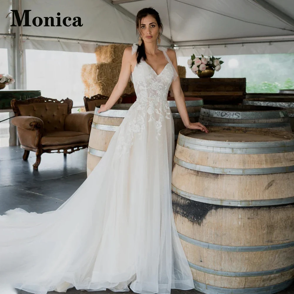 MONICA Bow Sleeveless Wedding Gown For Bride Spaghetti Straps V-Neck Appliques Tulle Court Train Backless Pleat Personalised
MONICA Bow Sleeveless Wedding Gown For Bride Spaghetti Straps V-Neck Appliques Tulle Court Train Backless Pleat Personalised
