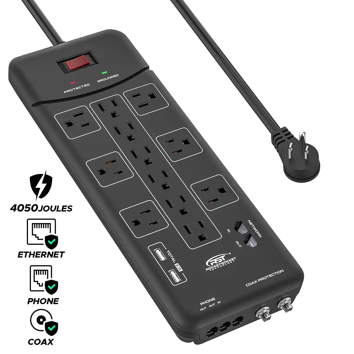 12 Outlets Surge Protector Power Strip with 3.1A USB Telephone Ethernet Coaxial Ports 4050J Surge Suppressor, Flat Plug 9ft Long
12 Outlets Surge Protector Power Strip with 3.1A USB Telephone Ethernet Coaxial Ports 4050J Surge Suppressor, Flat Plug 9ft Long