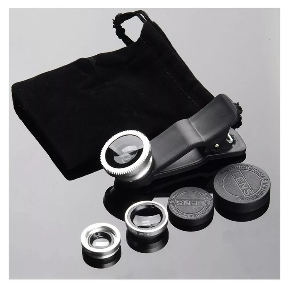 Mobile Phone Camera Lens Kit Fish Eye Lens + 2 in1 Macro Lens& Super Wide Angle Lens with Black Universal Phone Clip
Mobile Phone Camera Lens Kit Fish Eye Lens + 2 in1 Macro Lens& Super Wide Angle Lens with Black Universal Phone Clip