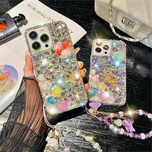 Luxury Glitter Rhinestone Bird Crystal Rose Flower Chain Pone Case For iPhone14 13 12 11Pro Max X XR XS 7 8Plus Clear Back Cover