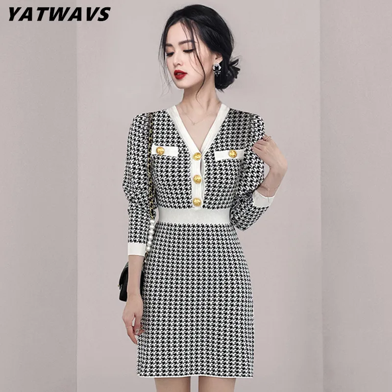 Vintage Women Winter Autumn Knitted Dress Houndstooth Button Decor Skinny Lady A Line Dress Knitwear Casual Mini Short Vestidos 
Vintage Women Winter Autumn Knitted Dress Houndstooth Button Decor Skinny Lady A Line Dress Knitwear Casual Mini Short Vestidos