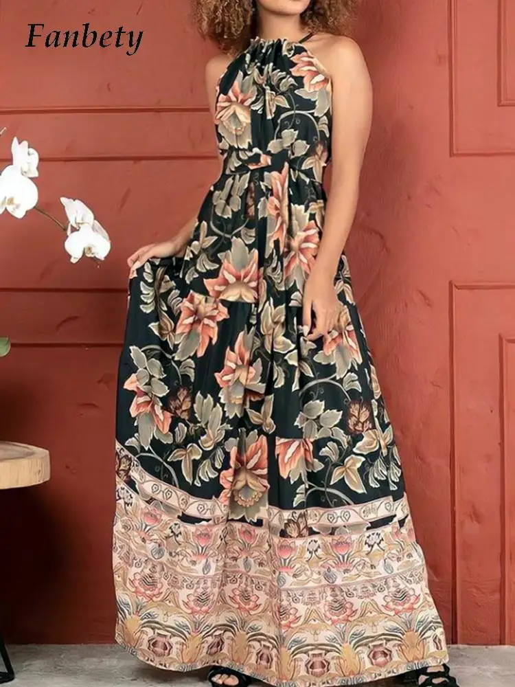 Sexy Sleeveless Floral Print Pocket Dress Lady Halter Neck Drawstring Long Dress Fashion Grace Lace Up Loose Party Pleated Dress
Sexy Sleeveless Floral Print Pocket Dress Lady Halter Neck Drawstring Long Dress Fashion Grace Lace Up Loose Party Pleated Dress