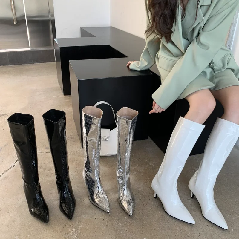 Women Knee High Booties Black/Silver Fashion Thin High Heels Solid Color Pointed Toe Slip on Sexy Pumps Shoes Woman Size 35-39
Women Knee High Booties Black/Silver Fashion Thin High Heels Solid Color Pointed Toe Slip on Sexy Pumps Shoes Woman Size 35-39
