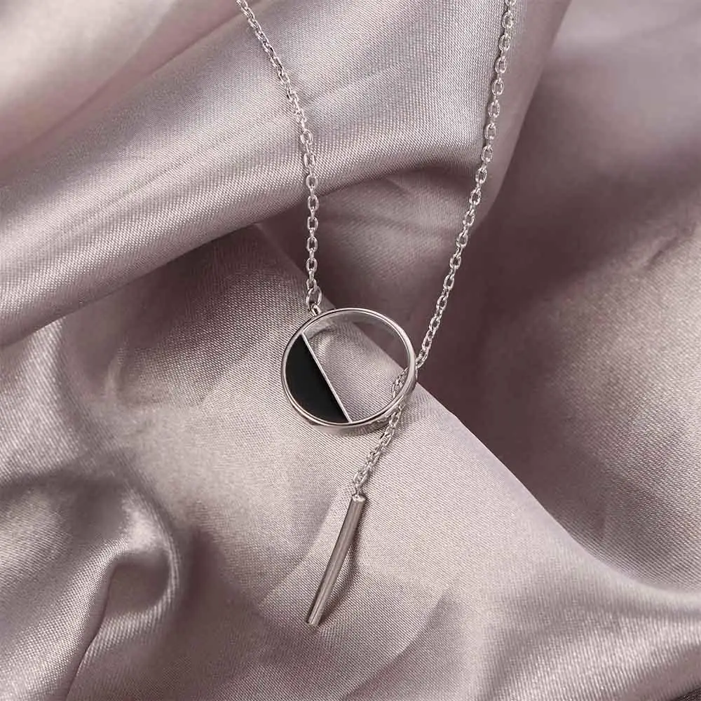 

Fashion Women Temperament Chocker Circle Silver Black Round Necklace Tassel Pendant Sweater Chain Clavicle Chain