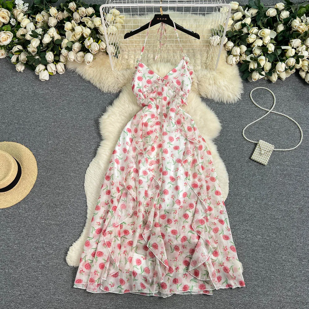 

French Haute Couture Backless Suspender Dress with Waistband Floral Chiffon Skirt Seaside Vacation Dress