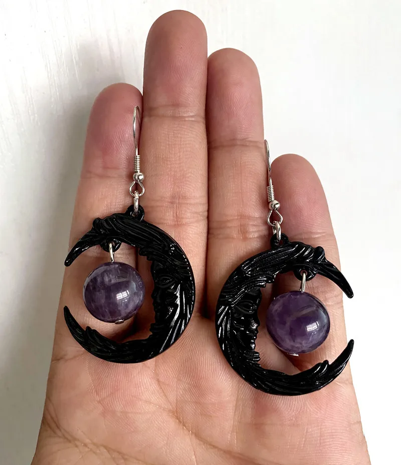 Purple Crystal Moon Earrings Crescent Moon Jewelry Dark Style Gothic Stone Pendant Magic Wiccan Witch Style Macabre Amulet 
Purple Crystal Moon Earrings Crescent Moon Jewelry Dark Style Gothic Stone Pendant Magic Wiccan Witch Style Macabre Amulet