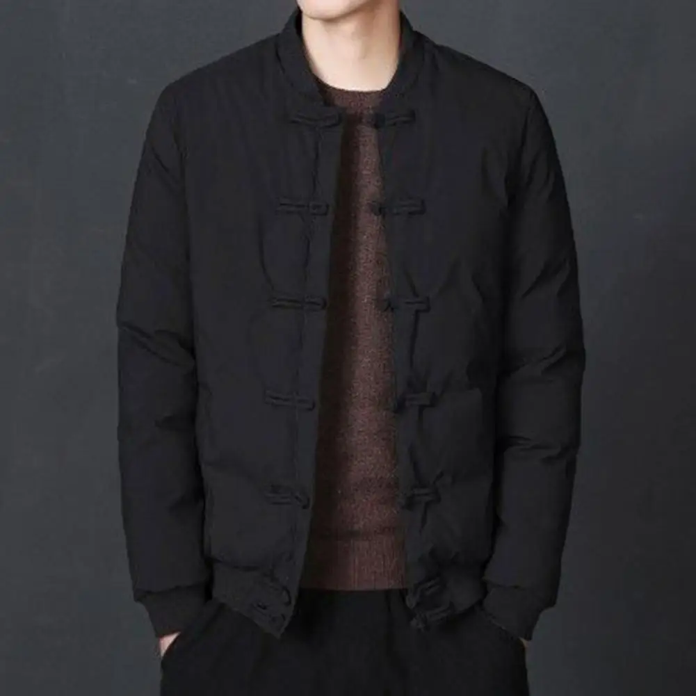 

Stand-up Collar Jacket Chinese Style Mid-aged Men's Winter Coat with Stand Collar Knot Buttons Thick Smooth Windproof Father