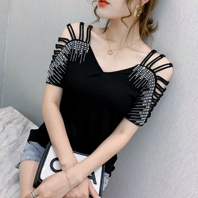 2022 Summer Hollow Out Short Sleeved Women's T-Shirt Fashion Casual Sexy V-Neck Hot Drilling Top Female Clothing
2022 Summer Hollow Out Short Sleeved Women's T-Shirt Fashion Casual Sexy V-Neck Hot Drilling Top Female Clothing