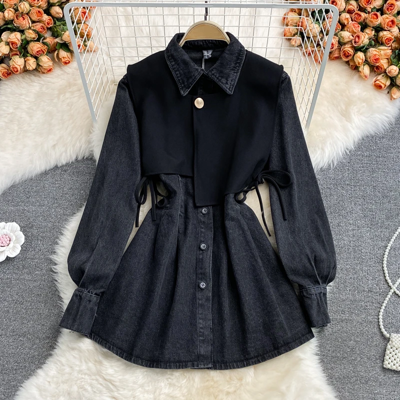 

Clothland Women Elegant Black Denim Blouse Two Piece Set Lace Up Knitting Waistcoat Vest Long Sleeve Shirt Mujer LA684