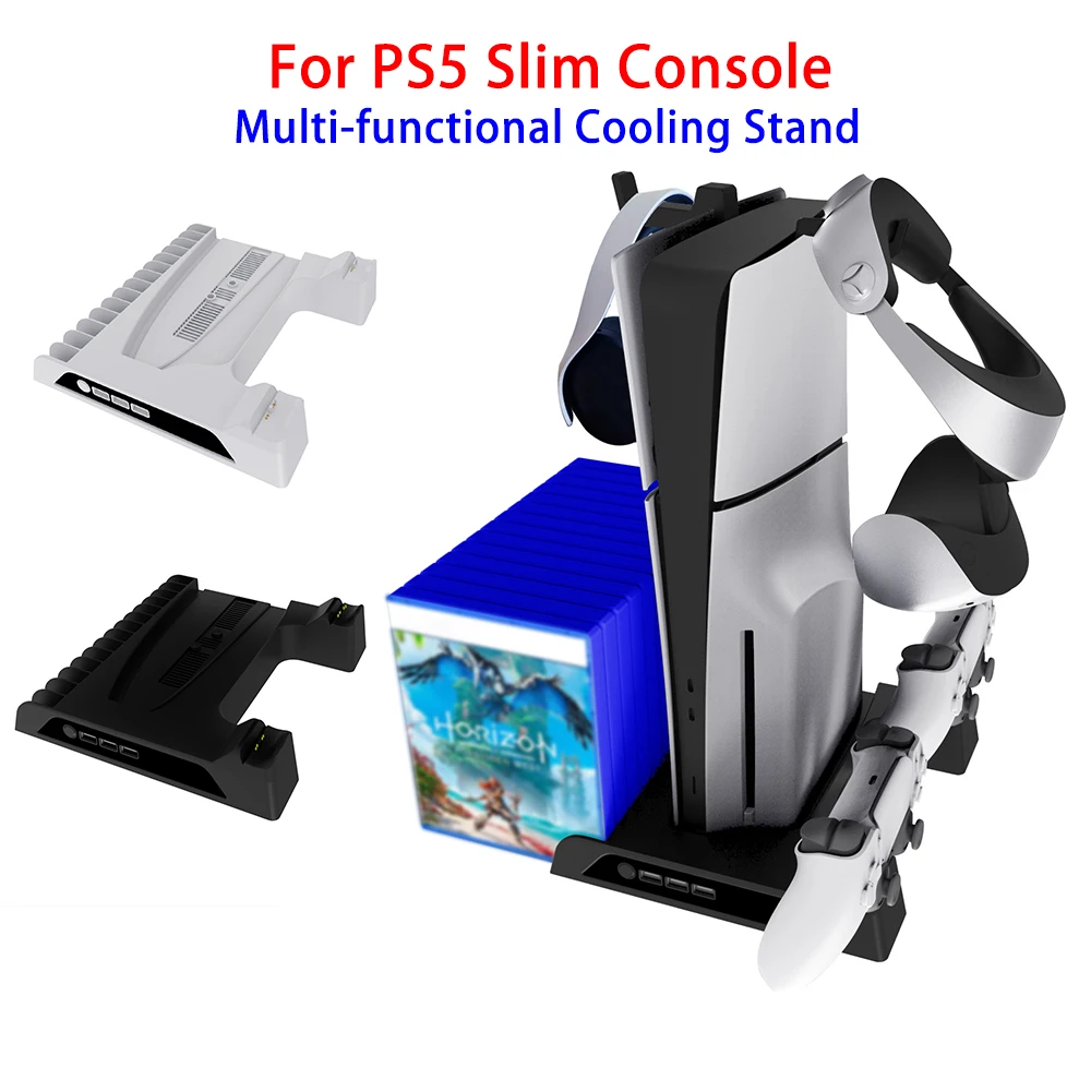 

Multi-functional Cooling Fan Stand For PS5 Slim Console Dual Controller Contact Charging Dock With Hook CD Storage Rack