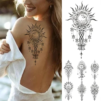 Waterproof Temporary Tattoo Sticker Moon Sun Mandala Mehndi Lotus Henna Totem Flash Tatto Women Men Back Body Art Fake Tattoos