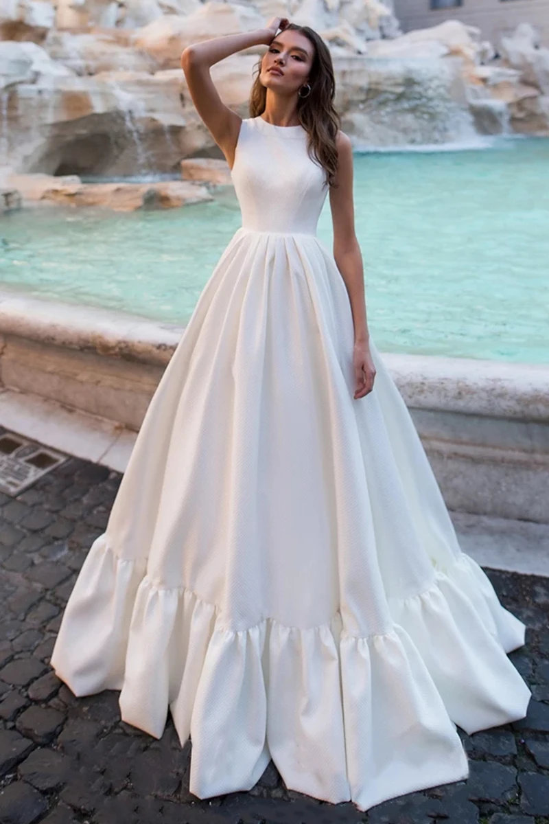Elegant Simple A-Line Satin Journey Sleeveless Sweep Train Vintage Ruched Scoop Collar Wedding Dress Gown Bridal Dress
Elegant Simple A-Line Satin Journey Sleeveless Sweep Train Vintage Ruched Scoop Collar Wedding Dress Gown Bridal Dress