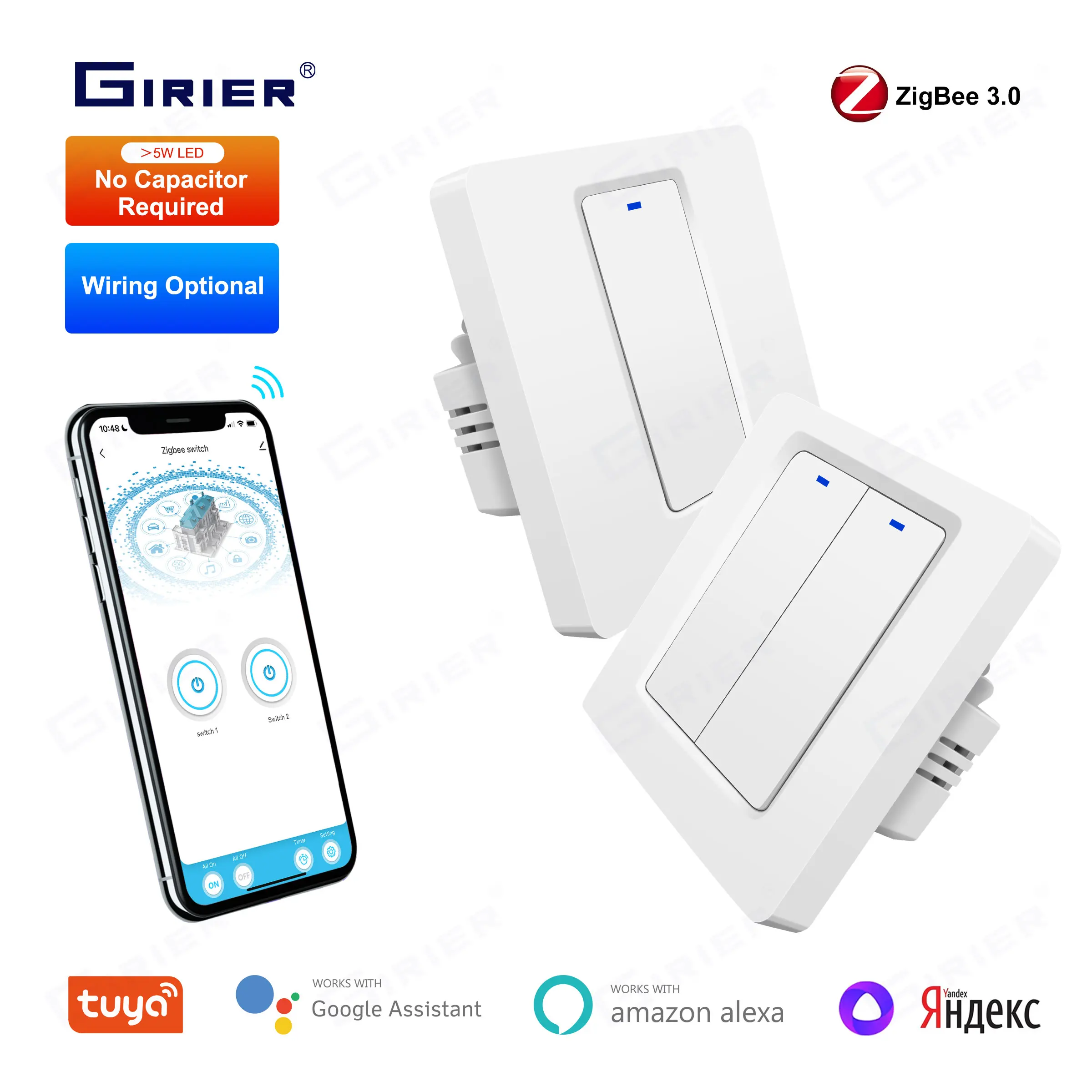 

GIRIER Tuya ZigBee Smart Light Switch No Neutral Wire Required Button Wall Swithes 1 2 3 Gang Works with Alexa Alice Hey Google