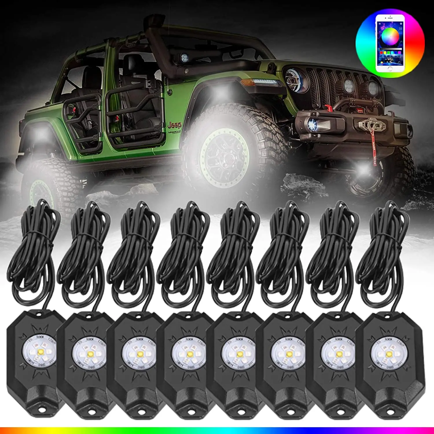 4/8 Pods RGB Led Rock Lights For Pick Up ATV SUV Off-Road 4x4 With Bluetooth Controller Remote 6 Chips Decorative Ambient Light
4/8 Pods RGB Led Rock Lights For Pick Up ATV SUV Off-Road 4x4 With Bluetooth Controller Remote 6 Chips Decorative Ambient Light