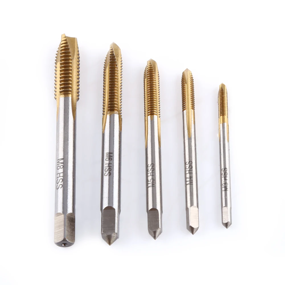 5pcs/set Titanium Coated HSS Thread Screw Tap Kit M3 M4 M5 M6 M8 Forward Chip Ejection Thread Tap
5pcs/set Titanium Coated HSS Thread Screw Tap Kit M3 M4 M5 M6 M8 Forward Chip Ejection Thread Tap