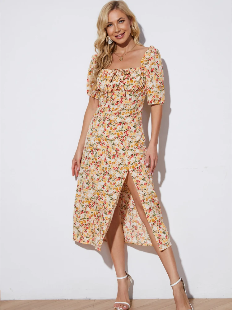Women Midi Dress Bohemian Short Sleeve Retro Dress Casual Floral Print Slit Beach Dress Puff Sleeve Square Collar Lace-up 2022
Women Midi Dress Bohemian Short Sleeve Retro Dress Casual Floral Print Slit Beach Dress Puff Sleeve Square Collar Lace-up 2022