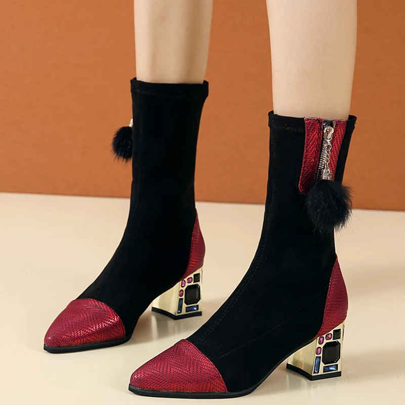 Rimocy Fashion Hairball Pointed Toe Mid Calf Boots Women Elastic Cloth Crystal Heels Boots Woman Slip on Autumn Shoes Ladies
Rimocy Fashion Hairball Pointed Toe Mid Calf Boots Women Elastic Cloth Crystal Heels Boots Woman Slip on Autumn Shoes Ladies