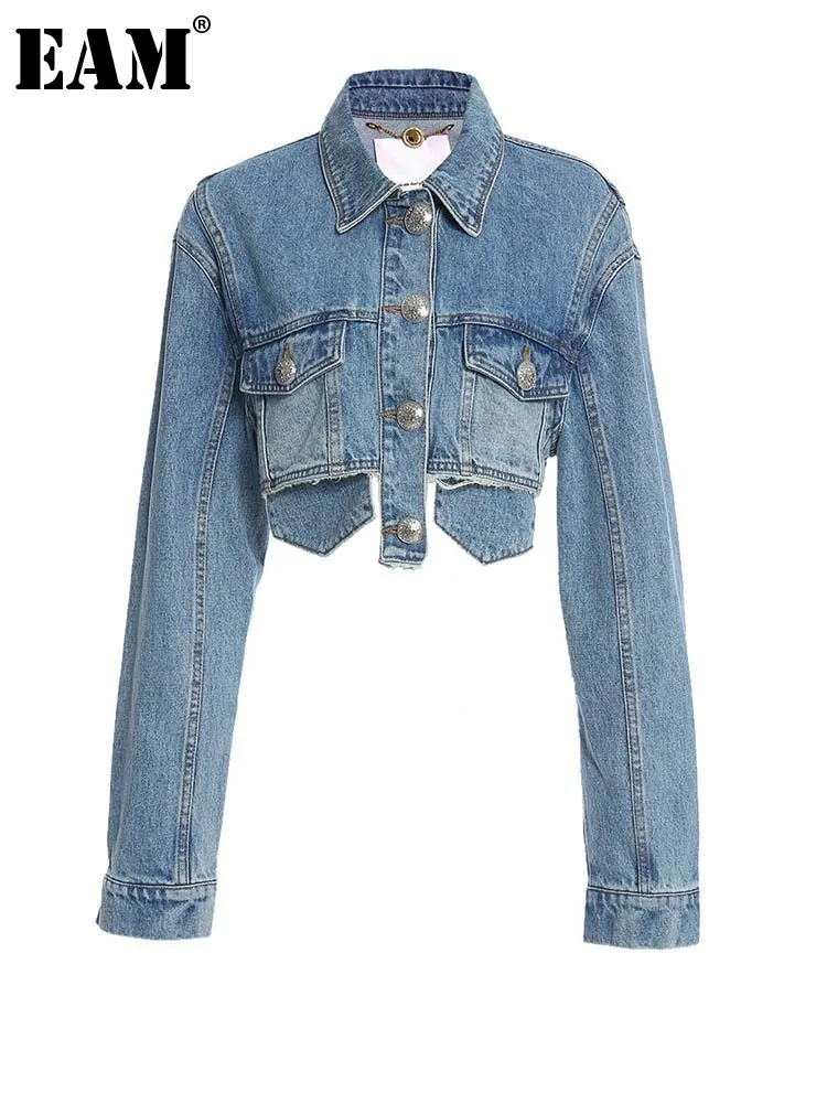 

[EAM] Loose Fit Blue Burr Denim Tassels Big Size Jacket New Lapel Long Sleeve Women Coat Fashion Tide Spring Autumn 2023 1DE9131