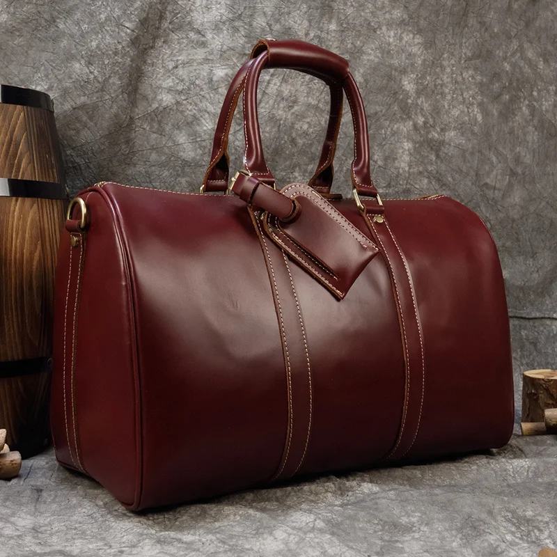 

Brand Name Famous Genuine Leather Mens Travel Bag Wine Red Smooth Natural Cowskin Duffle Bag For Male 2019 Latest Style