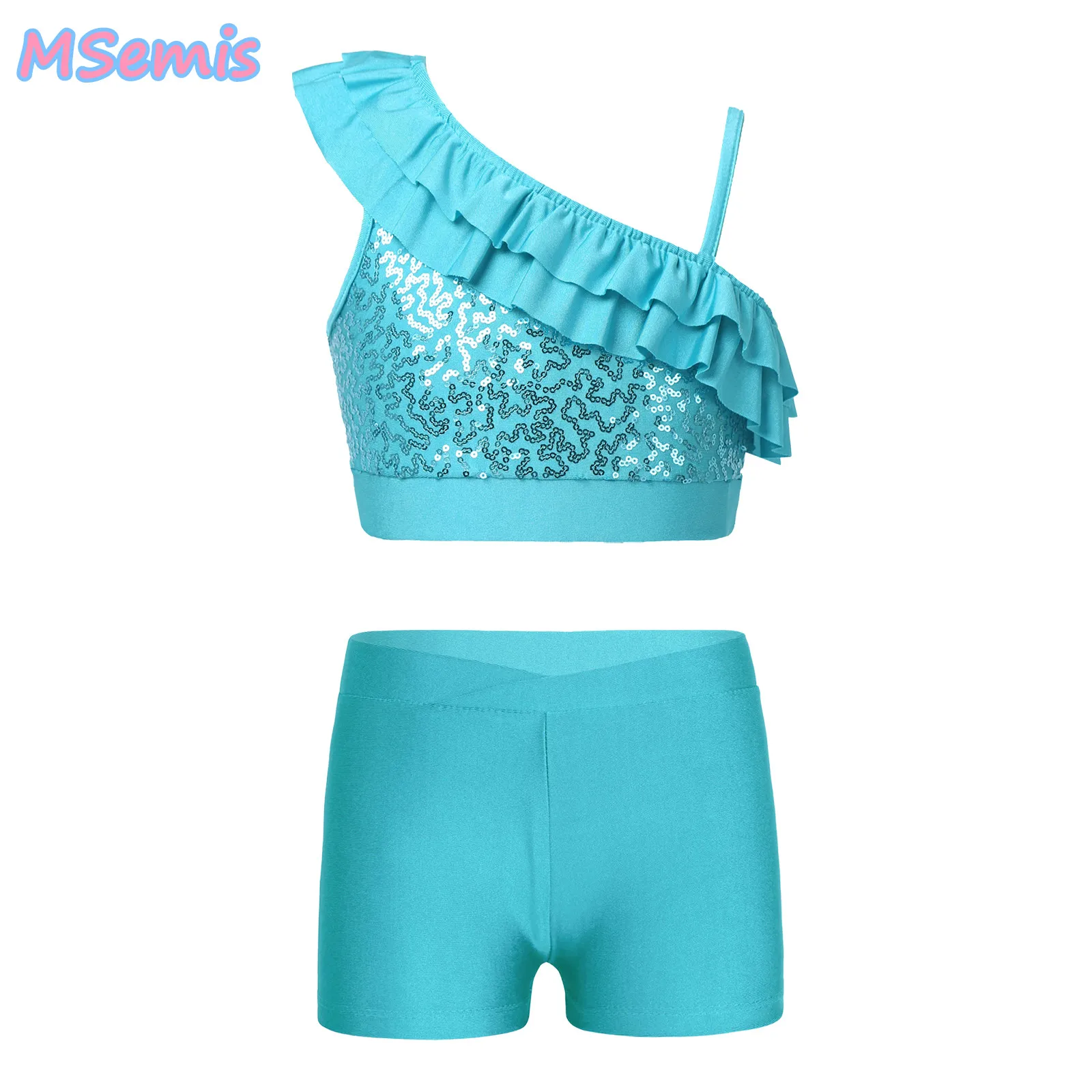

Kid Girls Asymmetrical Ruffle Dance Set Sequin Crop Top with Shorts for Dance Gymnastics Performance Competition
