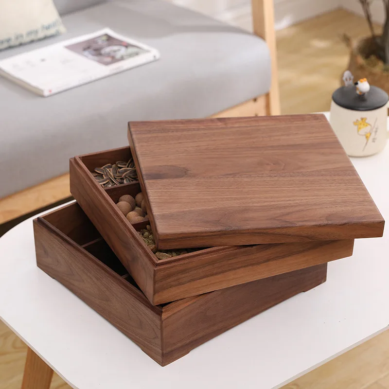 

Double-layer walnut solid wood candy box creative with lid tray compartment snacks dried fruit basin storage box