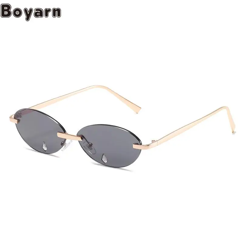 

Boyarn New Fashion Steampunk Rimless Sunglasses Color Ocean Lens Diamond Oval Sun Glasses UV400 Women Funny Ball Eyewear Shades